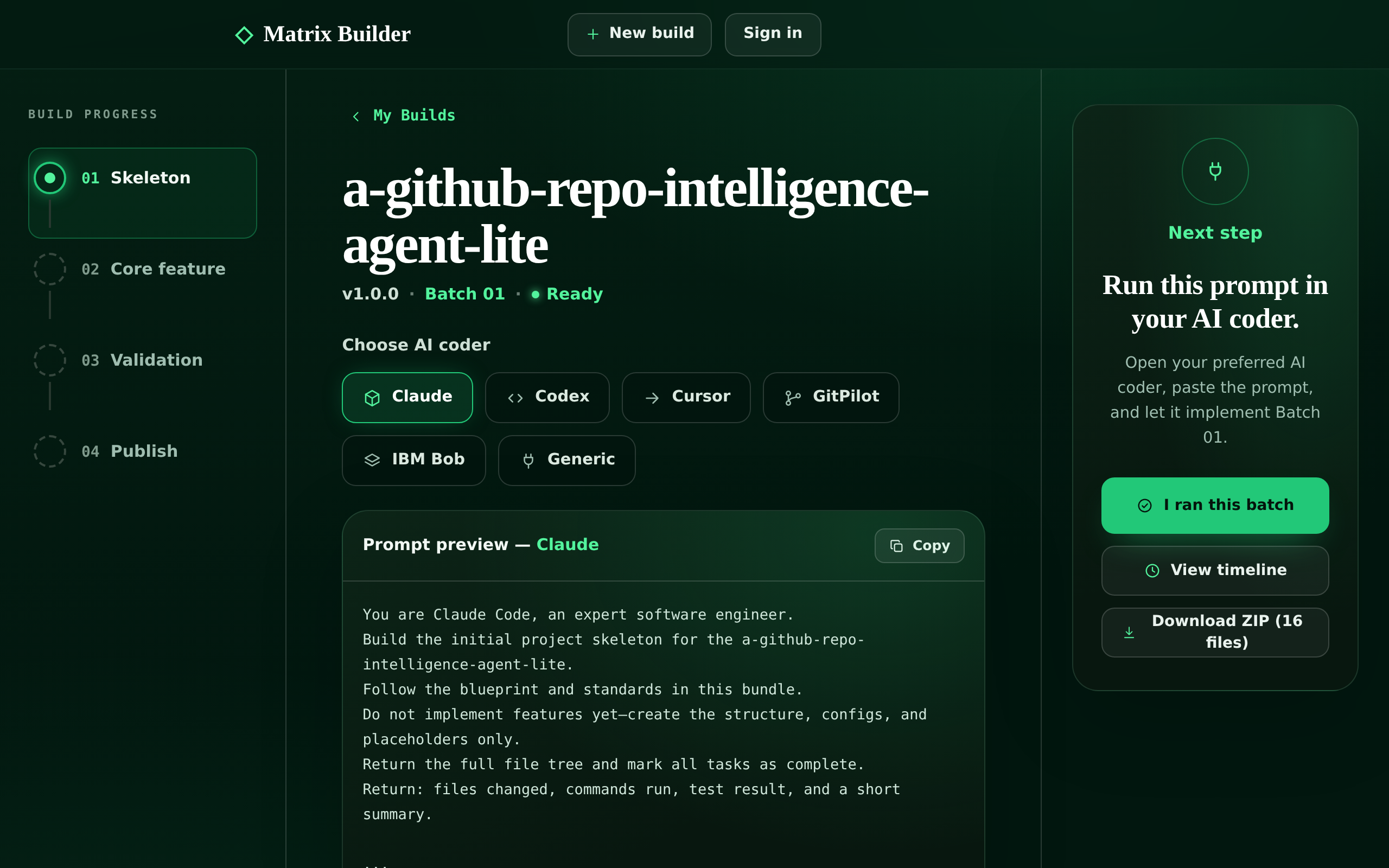 Matrix Builder build screen — build progress, AI-coder chooser, and a contract-bound prompt preview